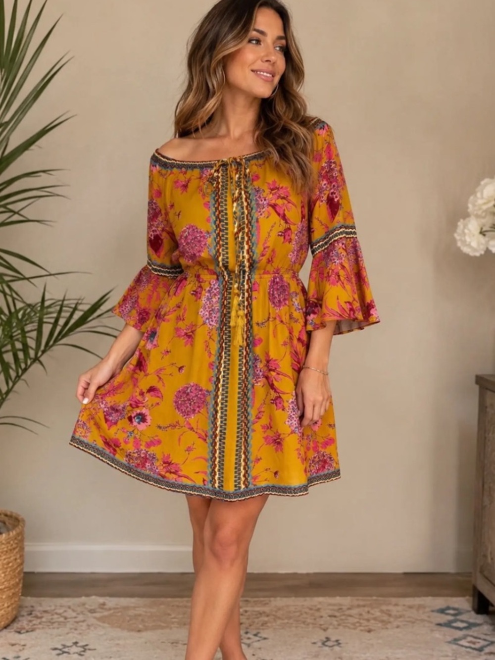 Jealous Tomato Mustard & Pink Floral Bohemian Off Shoulder Dress